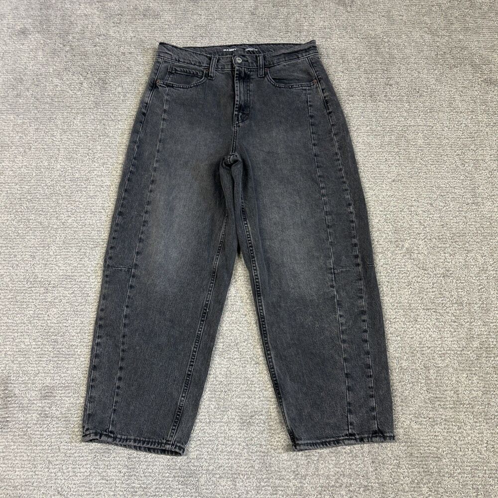 Old Navy High Rise Barrel Leg Jeans Womens 10 Washed Black Seam Front Tapered